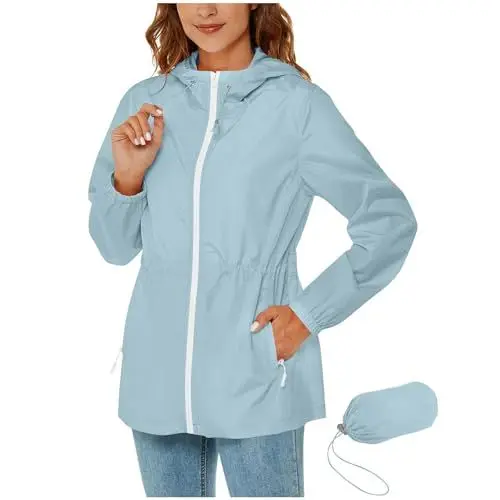 Produktbild: KOG Damen Regenjacke Wasserdicht Windbreaker Elegant Funktionsjacke Jacken Einfarbig Oberteile Teenager Mädchen Laufjacke Lose Trainingsjacke Winter Festival Jacke Bikerjacke Hellblau XL