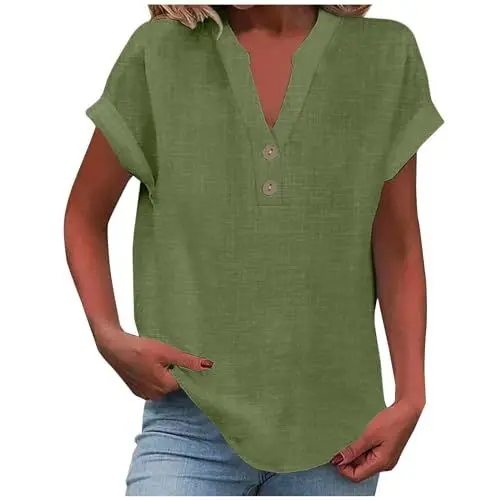 Produktbild: KOG Damen Shirts Sommer Leinenbluse Oberteil Elegante Kurzarm Tunika Blusen Lässig Leinenhemd Longshirt Frauen Rundhals Lose Longbluse Grün L