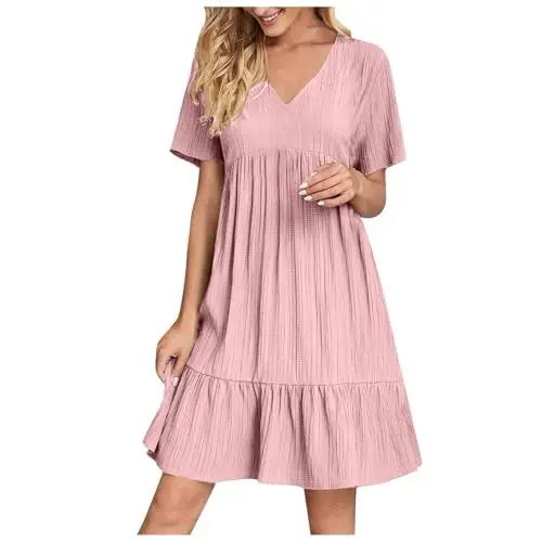 Produktbild: KOG Sommerkleider Sommerkleid für Damen Mode Blusen Kleider Einfarbige 2025 Hemdkleid Leicht Frau Boho Kleidung Kleider Baumwolle Cocktailkleid Elegant für Hochzeit Rosa M