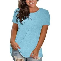 Produktbild: KOG Damen T-Shirt Freizeit Einfarbig Tunika Lose Baumwolle Shirts Teenager Mädchen Hemd Elegant Oberteile Teenager Rundhals Retro Pullover Amazon Warehouse Deal Hellblau XL