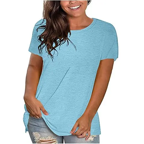 Produktbild: KOG Damen T-Shirt Freizeit Einfarbig Tunika Lose Baumwolle Shirts Teenager Mädchen Hemd Elegant Oberteile Teenager Rundhals Retro Pullover Amazon Warehouse Deal Hellblau XL