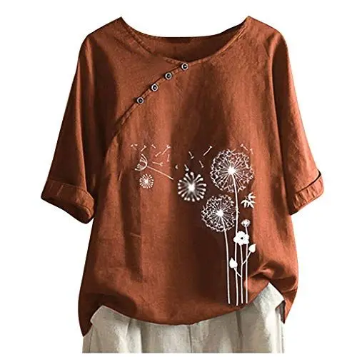 Produktbild: KOG Damen T-Shirt Freizeit Leinenhemd Tuniken Elegante Baumwolle Tshirt Frau Longbluse Lose Grafik Kleidung Frauen Rundhals Casual Tshirts Rot XL