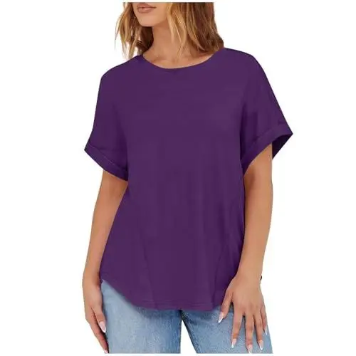 Produktbild: KOG Damen T-Shirts Lässig Einfarbig Hemd Elegant Baumwolle Kleidung Teenager Oberteile Oversize Longshirt Warehouse Deal Frauen Rundhals Casual Bekleidung Meine Bestellungen Anzeigen Lila XL