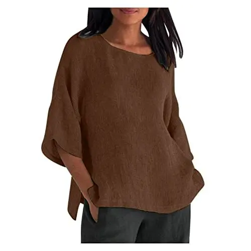 Produktbild: KOG Damen Tshirt Fashion Leinenshirt T-Shirts Lose Kurzarm Oberteil Frauen Shirt Leinenbluse Blusenshirt Frau Rundhals Elegante Meine Bestellungen Anzeigen Braun 3XL