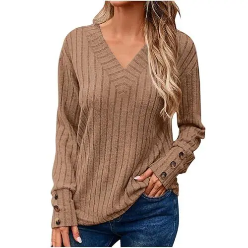 Produktbild: KOG Damen Tshirt Sale Langarmshirt Damen Langärmelige Bluse Einfarbig Shirt Casual Langärmelige T-Shirts Frauen Kleidung Freizeit Tshirts Teenager Mädchen Lässig Tops Sale Angebote Kaffee L