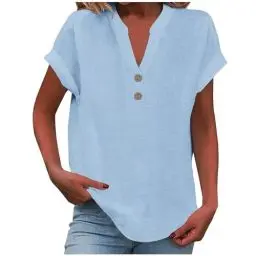 Produktbild: KOG Damen Tshirts Fashion Leinenshirt Tee Shirt Retro Kurzarm Oberteile Frau Tunika Große Größen Leinen Bekleidung Amazon Warehouse Deal Teenager Rundhals Freizeit T-Shirts Gutschein Himmelblau XL