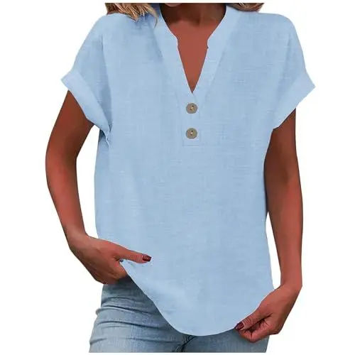 Produktbild: KOG Damen Tshirts Fashion Leinenshirt Tee Shirt Retro Kurzarm Oberteile Frau Tunika Große Größen Leinen Bekleidung Amazon Warehouse Deal Teenager Rundhals Freizeit T-Shirts Gutschein Himmelblau XL