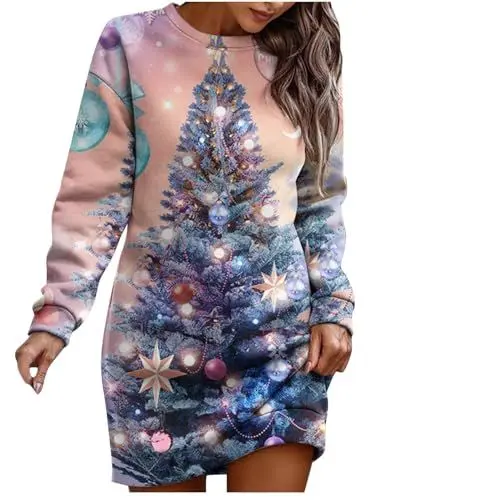 Produktbild: KOG Damen Weihnachtskleid Elegant Langarm Weihnachtskleider Damen Strandkleid Damen Strandkleid Kleid Frauen Etuikleid Christmas Dresses Festlich Festival Meine Bestellungen Anzeigen Rosa XXL