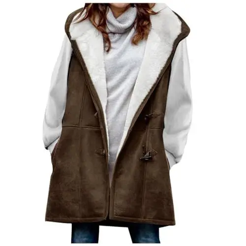Produktbild: KOG Fleecejacke Damen Herbstjacke Warm Cordjacke Fleecemantel Einfarbige Oberteil Teenager Mädchen Hoodie Jacken Prime Vliesjacke Zipper Jacke Baumwolle Amazon Warehouse Deal Braun S