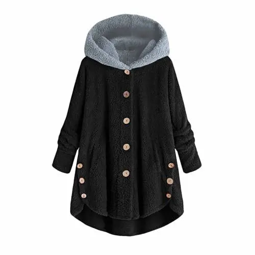 Produktbild: KOG Fleecejacke Damen Winterjacke Warme Vliesjacke Fleecepullover Einfarbig Kleidung Hoodie Jacken Prime Teddy Jacken Teenager Mädchen Daunenmantel Baumwolle Amazon Warehouse Deal Schwarz XL