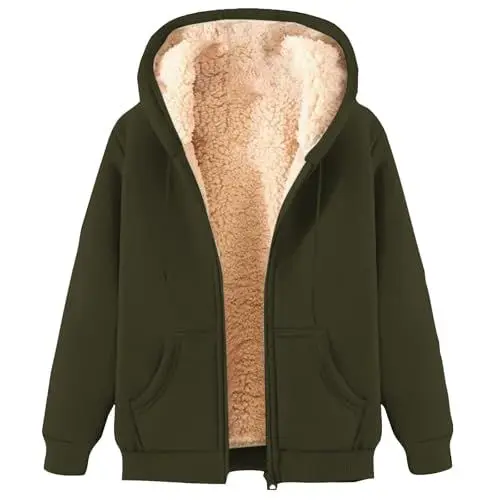 Produktbild: KOG Fleecejacke Damen Jacke Elegante Vliesjacke Teddyjacke Einfarbig Kleidung Frau Kapuzenjacke Jacken Sweatjacke Teddyfleece Jacke Softshellmantel Baumwolle Armeegrün S