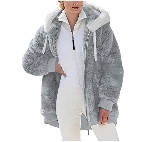 Produktbild: KOG Fleecejacke Damen Jacke Mode Cordjacke Wollmantel Einfarbig Oberteile Kapuzenmantel übergangsmantel Amazon Essentials Damen Teenager Mädchen Baumwolle Amazon Warehouse Deal Grau 5XL