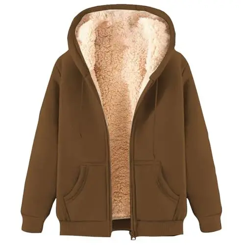 Produktbild: KOG Fleecejacke Damen Jacke Warm Cordjacke Fleecejacken Einfarbige Oberteile Frauen Kapuzenmantel Jacken übergangsjacke Teddyjacke Teenager Wollmantel Baumwolle Braun XXL