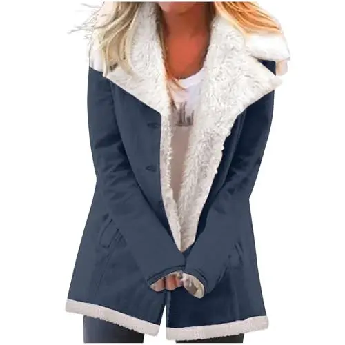 Produktbild: KOG Fleecejacke Damen Jacke Warme Cordjacke Wollmantel Einfarbige Oberteil Frau Pullover Jacken übergangsjacke Gutschein Sweatjacke Fleecepullover Frauen Parka Baumwolle Angebote Marine XL
