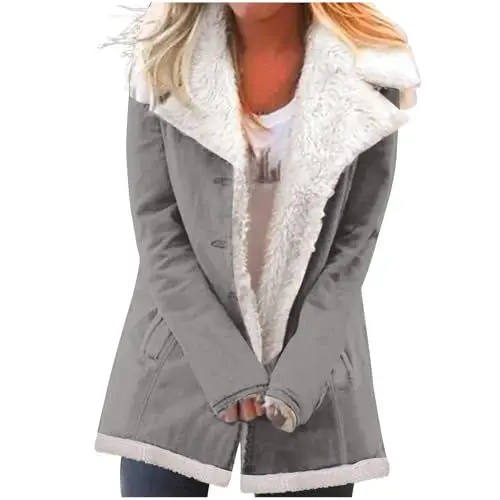 Produktbild: KOG Fleecejacke Damen Jacken Elegant Teddyfleece Jacke Vliesjacke Einfarbige Oberteile Frauen Kapuzenjacke Jacke Gutschein Amazon Hemdjacke Steppmantel Baumwolle Gutschein Amazon Grau L