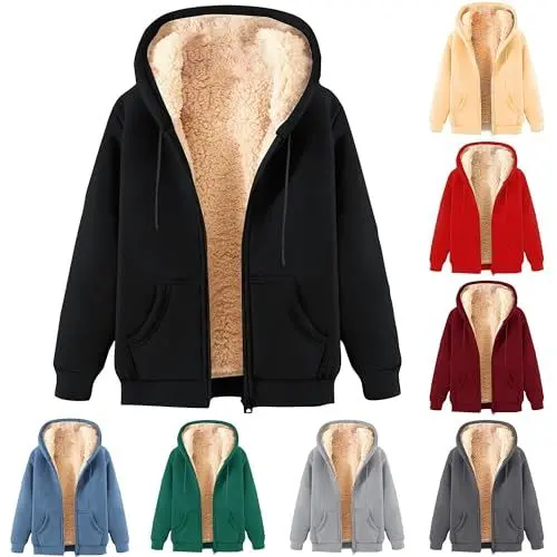 Produktbild: KOG Fleecejacke Damen Herbstjacke Warme Vliesjacke Einfarbig Kleidung Frauen Kapuzenmantel Jacke Damen Tshirt Sale Blusenjacke Wollmantel Frau Baumwolle Gutschein Amazon Schwarz XL