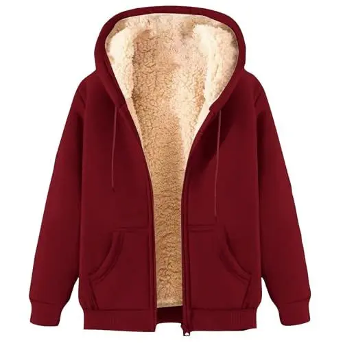 Produktbild: KOG Fleecejacke Damen Winterjacke Mode Fleecejacken Einfarbig Bekleidung Frau Hoodie Wintermantel Gutscheine Wollmantel Teenager Softshelljacken Baumwolle Warehouse Deals Angebote Wein M