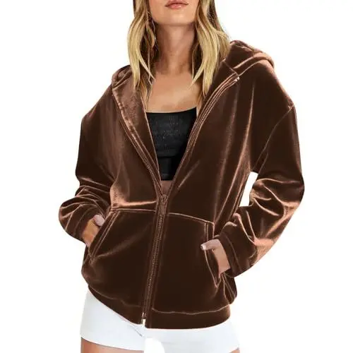 Produktbild: KOG Fleecejacke für Damen Herbstjacke Casual Cordjacke Einfarbig Kleidung Frauen Kapuzenjacke übergangsjacke Hemdjacke College Jacke Teenager Daunenmantel Wanderjacke Daunenjacke Braun L