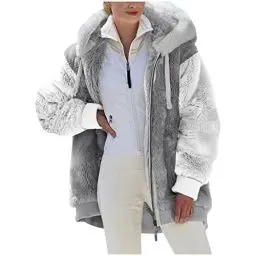 Produktbild: KOG Fleecejacke für Damen Herbstjacke Winter Teddyjacke Teddyfleece Jacke Einfarbig Oberteil Frau Zipper Jacke Outlet Amazon Strickjacke Fleecepullover Baumwolle Angebote Grau 3XL