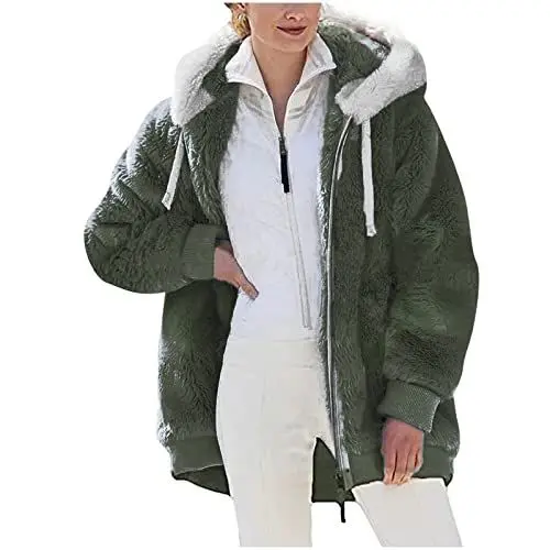 Produktbild: KOG Fleecejacke für Damen Jacke Warme Fleecejacken Einfarbige Oberteile Teenager Zipper Jacke Amazon Essentials Damen Windjacke Teddy Jacken Frauen Baumwolle Sale Damen Armeegrün 5XL
