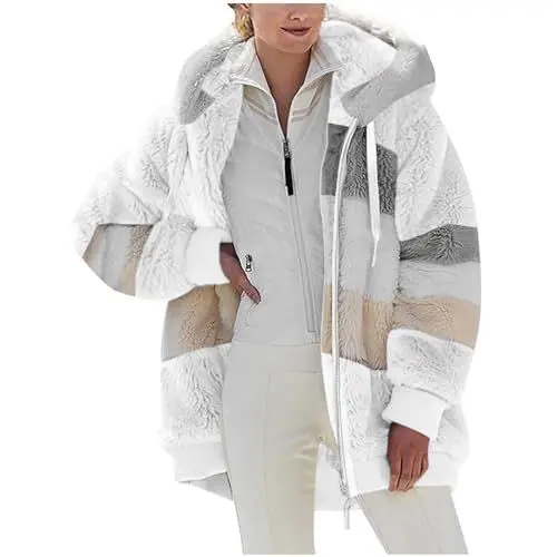 Produktbild: KOG Fleecejacke für Damen Jacken Elegant Teddy Jacken Einfarbig Oberteile Hoodie Jacke Herbstjacke Sale Damen Hemdjacke Teddyjacke Teenager Parka Baumwolle Amazon Warehouse Deal Weiß M