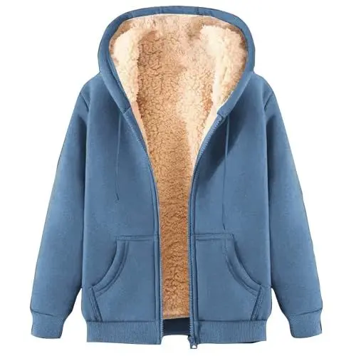 Produktbild: KOG Fleecejacke für Damen Jacken Elegant Teddy Jacken Fleecemantel Einfarbige Bekleidung Frauen Winterjacke Gutschein Blusenjacke Frau Daunenmantel Baumwolle Amazon - prime Blau XXL