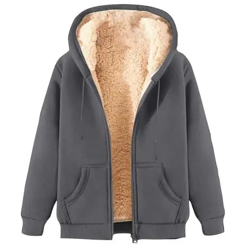 Produktbild: KOG Fleecejacke Damen Winterjacke Elegante Cordjacke Vliesjacke Einfarbig Oberteil Hoodie Jacke Herbstjacke Hemdjacke Teddyjacke Frau Daunenjacke Baumwolle Dunkelgrau S
