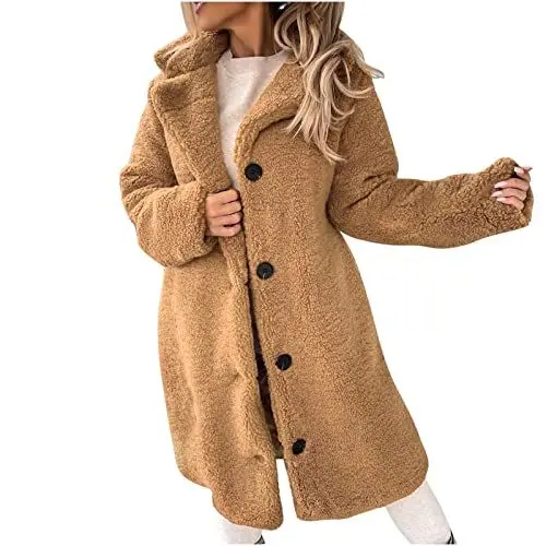 Produktbild: HXRYPG Winterjacke Damen Fleecejacke Wintermantel Lang Übergangsjacke Herbstjacke Teddyjacke Warm Jacken mit Knöpfen Winter Mantel Mode Plüschjacke Herbst Fleece Jacke Große Größen damen sale Braun M