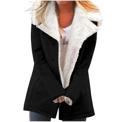 Produktbild: KOG Fleecejacke für Damen Winterjacke Warmes Vliesjacke Einfarbig Oberteil Teenager Kapuzenjacke Jacke Amazon - prime Fleecemantel Frauen Wollmantel Baumwolle Warehouse Deal Schwarz L