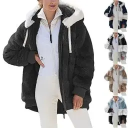 Produktbild: KOG Fleecejacke für Damen Zipper Jacke Warm Cordjacke Einfarbig Kleidung Frau Kapuzenmantel Winterjacke Prime Sweatjacke Wollmantel Softshelljacken Baumwolle Amazon Gutschein Schwarz 3XL