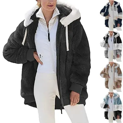 Produktbild: KOG Fleecejacke für Damen Zipper Jacke Warm Cordjacke Einfarbig Kleidung Frau Kapuzenmantel Winterjacke Prime Sweatjacke Wollmantel Softshelljacken Baumwolle Amazon Gutschein Schwarz 3XL