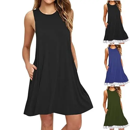 Produktbild: KOG Gutschein Amazon Sommerkleid Sommerkleider Damen Elegant Strandkleid Einfarbig Leicht Kleidung Strandkleider Swing Blusenkleid Shirtkleid Baumwolle Abendkleid Hochzeit Gutschein Schwarz M
