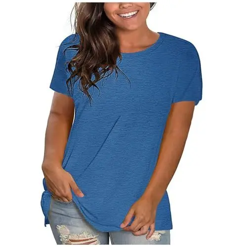 Produktbild: KOG Gutschein Damen T-Shirts Elegante Einfarbige Blusenshirt Freizeit Kurzarm Tshirt Bekleidung Einfarbige Tunika Frau Baumwolle Fashion Tuniken Warehouse Deals Angebote Blau 3XL