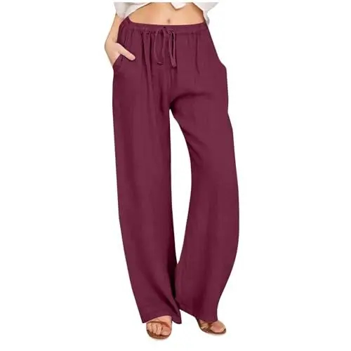 Produktbild: KOG Gutschein Hosen Damen Leinenhose Elegante Sommerhose Baumwolle Leicht Cargohosen Frauen Jogginghose Bootcut Sport Hose Weißes Stoffhose Weite Boho Hose Gutschein Amazon Heißes Rosa M