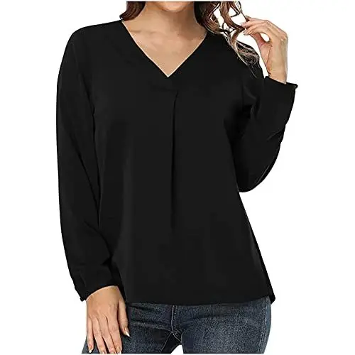 Produktbild: KOG Gutschein Langarmshirt Damen Langarm Kleidung Einfarbige T-Shirts Lose Baumwolle Shirts Blusenshirt Elegante Oberteile Teenager Mädchen V-Ausschnitt Freizeit T-Shirt Prime Schwarz M