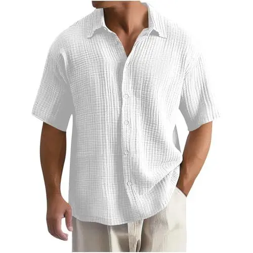 Produktbild: KOG Hemd Herren Sommer Sommerhemd Männer Freizeithemd Einfarbige Oberteil Leicht Baumwolle Sporthemd Outlet Angebote Teenager Top Bequemes Bekleidung Junge 2025 Kleidung Sale Weiß 4XL