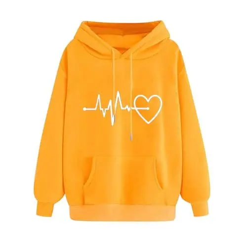 Produktbild: KOG Hoodie Damen Baumwolle Hooded Sweatshirt Einfarbig Hoodies Basic Sweatshirt mit Kapuze Warmes Pullover Fashion Teenager Mädchen Warm Lose Bekleidung Gutschein Amazon Gelb M