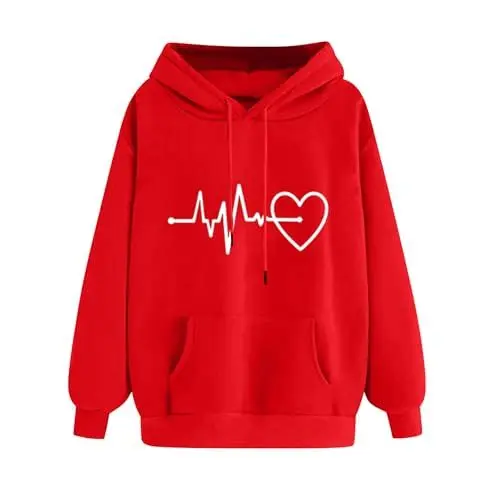 Produktbild: KOG Hoodie für Damen Baumwolle Hoodies Einfarbig Sweatshirt mit Kapuze Elegant Kleidung Oberteil Hooded Sweatshirt Mode Teenager Mädchen Winter Slim Fit Oberteile Prime Rot XXL