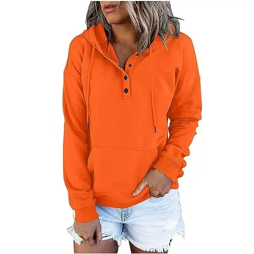 Produktbild: KOG Hoodie Damen Baumwolle Hooded Sweatshirt Einfarbige Kapuzenpullover Basic Pullover Frauen Bekleidung Mode Kleidung Elegant Teenager Mädchen Warmes Regular Langarmshirt Hoodies Orange M