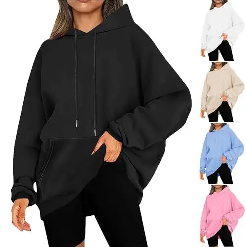 Produktbild: KOG Hoodie Damen Baumwolle Hooded Sweatshirt Einfarbige Sweatshirt mit Kapuze Casual Hoodies Kapuzenpullover Frau Basic Oversize Bekleidung Schwarz XXL