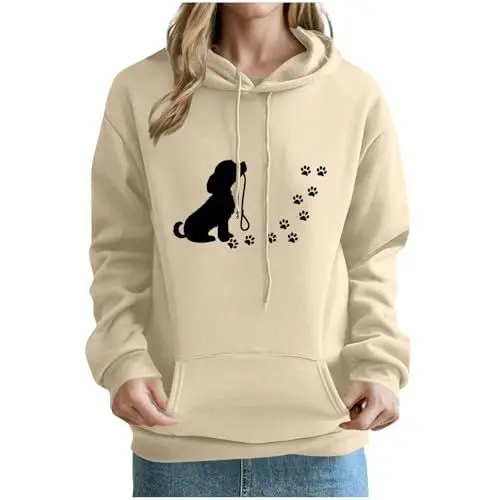 Produktbild: KOG Hoodie Damen Baumwolle Kapuzenpullover Hunde-Print Hooded Sweatshirt 2025 Kleidung Frau Oberteile Casual Langarmshirt Mode Warmes Große Größen Hoodies Sweatshirt mit Kapuze Khaki L