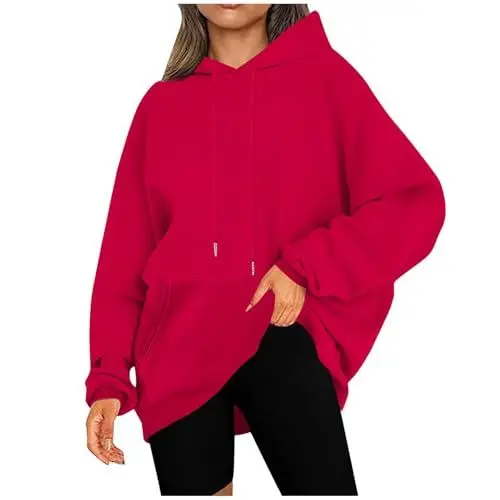 Produktbild: KOG Hoodie Damen Baumwolle Sweatshirt mit Kapuze Einfarbig Kapuzenpullover Elegant Frauen Kleidung Elegante Oberteil Retro Teenager Mädchen Warm Locker Bekleidung Gutschein Rot XXL