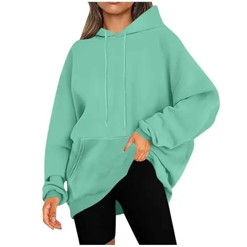 Produktbild: KOG Hoodie Damen Baumwolle Sweatshirt mit Kapuze Einfarbig Kapuzenpullover Elegant Oberteil Hooded Sweatshirt Basic Kleidung Freizeit Frau Mode Regular Pullover Mintgrün 4XL