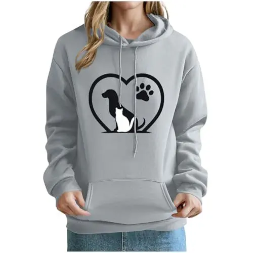 Produktbild: KOG Hoodie Damen Baumwolle Sweatshirt mit Kapuze Hunde-Drucken Hoodies Mode Oberteil Frauen Hooded Sweatshirt Freizeit Langarmshirt Basic Frau Warmes Slim Fit Oberteile Kleidung Grau L