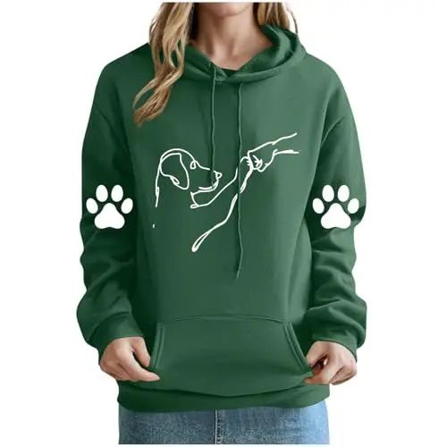 Produktbild: KOG Hoodie Damen Baumwolle Sweatshirt mit Kapuze Hunde-Print Hooded Sweatshirt Elegant Kapuzenpullover Frauen Hoodies 2025 Bekleidung Warme Frau Freizeit Oversize Kleidung Oberteil Armeegrün L