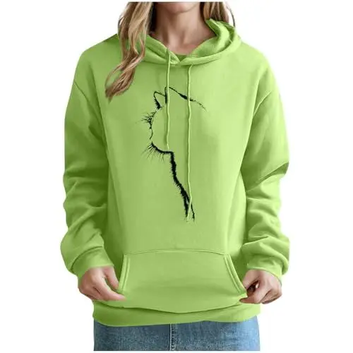 Produktbild: KOG Hoodie für Damen Baumwolle Hooded Sweatshirt Einfarbige Kapuzenpullover Mode Bekleidung Teenager Mädchen Sweatshirt mit Kapuze Fashion Winter Frau Retro Locker Oberteil Kleidung Grün S