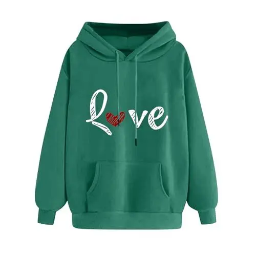 Produktbild: KOG Hoodie für Damen Baumwolle Hoodies Einfarbige Kapuzenpullover Elegant Bekleidung Frauen Kleidung Mode Oberteil Freizeit Teenager Mädchen Warmes Oberteile Grün S