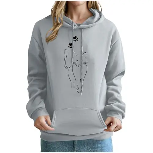 Produktbild: KOG Hoodie für Damen Baumwolle Hoodies Katzen-Print Sweatshirt mit Kapuze Basic Hooded Sweatshirt Teenager Mädchen Pullover Warmes Casual Frauen Freizeit Slim Fit Kleidung Oberteil Grau M