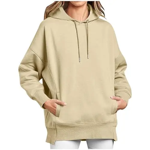 Produktbild: KOG Hoodie für Damen Baumwolle Kapuzenpullover Einfarbig Hoodies Warme Pullover Teenager Mädchen Oberteil Mode Sweatshirt mit Kapuze Elegant Frau Oversized Oberteile Gutscheine Beige L