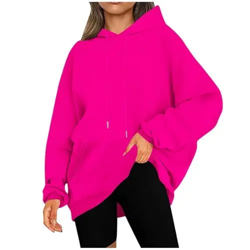 Produktbild: KOG Hoodie für Damen Baumwolle Sweatshirt mit Kapuze Einfarbig Kapuzenpullover Warm Pullover Teenager Mädchen Hooded Sweatshirt Retro Hoodies Winter Elegante Lose Kleidung Angebote Knalliges Pink XXL